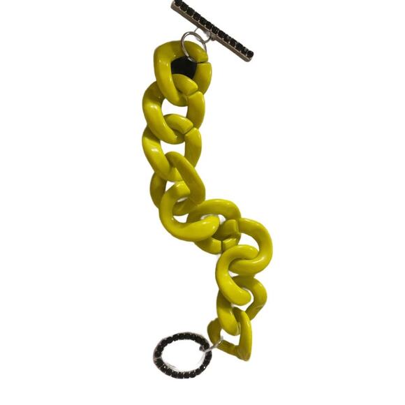 Chartreuse Acrylic Chain Toggle Bracelet with Black Faux Bling Detail 7.5” long - Picture 2 of 3